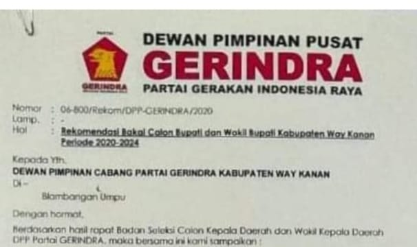 DPP Gerindra Berikan Rekomendasi Pasangan Arjuna ( Juprius dan Rina Marlina )