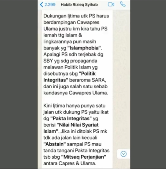 Sebar Chat Habieb Rizieq Ragukan Keislaman Prabowo, Pengamat : Cara Yusril 'Ngga Ngefek'