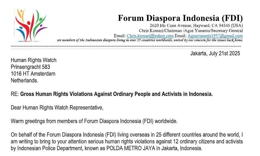 FDI Resmi Laporkan Penanganan Kasus Ijazah Jokowi oleh Polda Metro ke Human Right Watch di Belanda